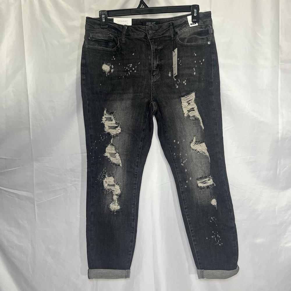 Judy Blue Jeans Womens 14W Mid Rise Boyfriend Fit Denim Distressed Black